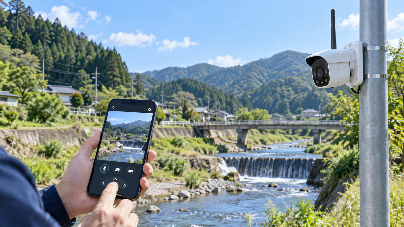 河川沿いの屋外現場をスマートフォンから確認する4G SIMカメラの利用イメージ