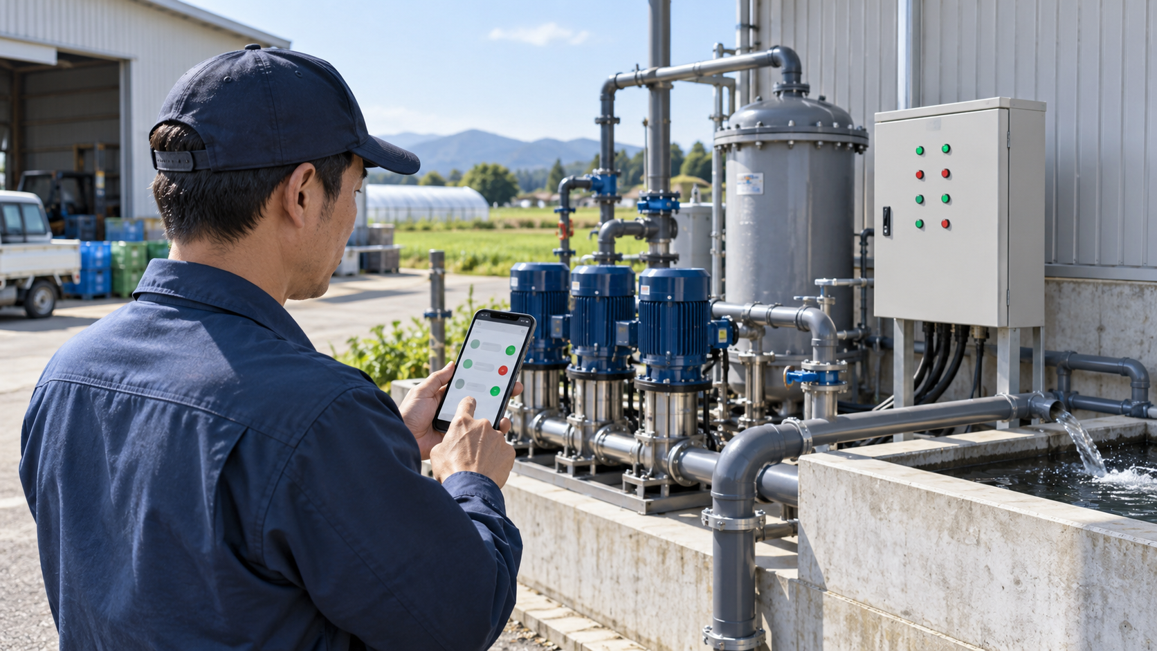屋外のポンプ設備をスマートフォンで確認する電源監視システムの利用イメージ
